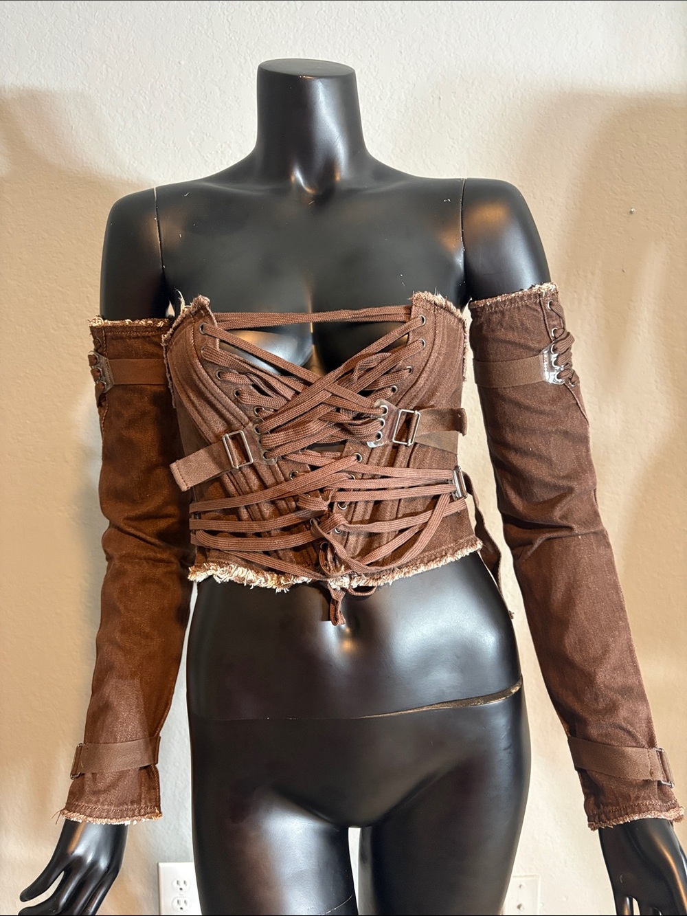 Brown Lace-Up Off-Shoulder Crop Top
